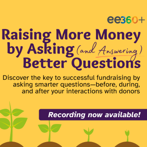 On yellow background, "eeWEBINAR for Raising More Money by Asking (and answering) Better Questions." in purple text 