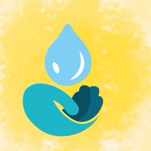 An illustrated hand cups a large drop of water on a yellow background. 