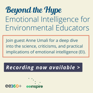 Anne Umali wears a multicolor top while sitting with her black Lab, Winnie. Text reads, "Beyond the Hype: Emotional Intelligence for Environmental Educators"