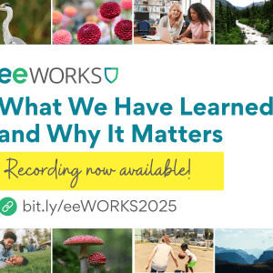 Multiple images represent our relationship with the environment, including wind turbines, kids playing in the grass, a various living creatures. Text says "eeWORKS: What We Have Learned and Why It Matters."