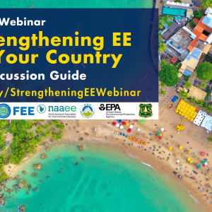 Aerial photo of turquoise waters and colorful buildings with a blue overlay with text that reads "Strengthening EE in Your Country A Discussion Guide Dec. 11 10-11:30 AM EST"
