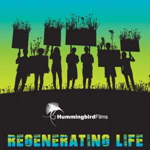 Regenerating Life poster that shows an illustration of a group of people holding signs silhouetted against a blue-green gradient background 