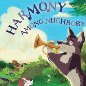 Cartoon coyote playing a playing a trumpet while a puppy sits nearby watching; behind them is a cloudy sky and trees