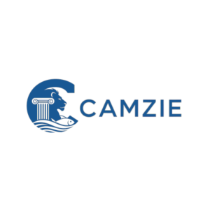 A logo of a C with a lion, column, and a fish in it with the word CAMZIE next to it.