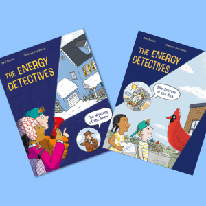 Book covers of "The Mystery of the Snow" & "The Secrets of the Sun," Two illustrated children holding a flashlight toward a house and two illustrated children looking at a cardinal