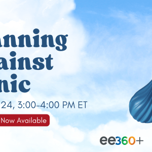 A hot air balloonist floats with a small red balloon as the large balloon drags behind it. In blue text "Planning Against Panic."