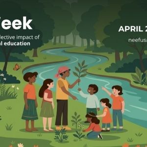 EE Week, illustration of people with plants outside by river