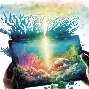 Artistic rendition of technology being used to advance ocean literacy. 
