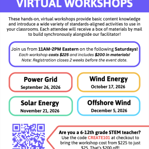 Virtual workshop information for workshop sessions hosted by the KidWind Project