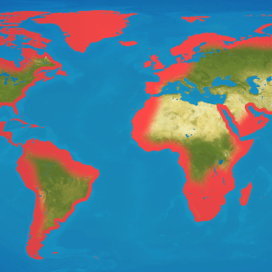 A world map with red edges on the continents, depicting a potential rise in sea level