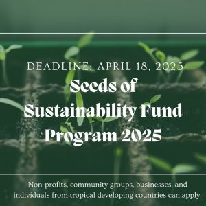The background is a slightly blurred image of seedlings growing in small, square pots, suggesting growth and sustainability.