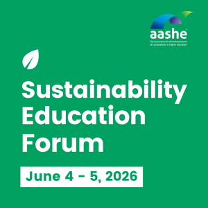 Green block with white text that reads Sustainability Education Forum. 