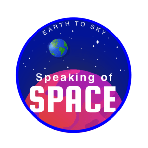A logo with the Earth in the background against a field of stars with a pink planet in the foreground. Text reads "Speaking of Space"