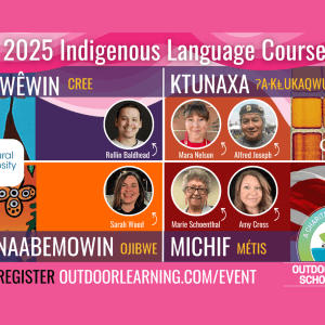 Banner with text that reads "Spring 2025 Indigenous Language Courses" with instructors pictured below