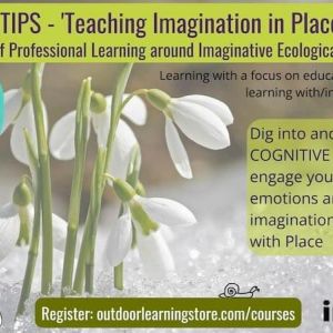 Photo of a flower blooming from snow, with text at the top that says "Spring TIPS - Teaching Imagination in Place"