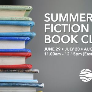 Stack of books with the text "Summer Fiction Book Club" with The BTS Center logo in the bottom right corner