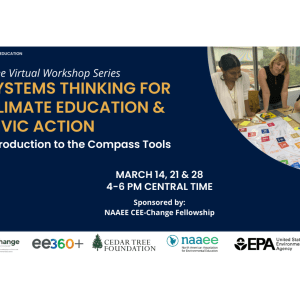 Blue background with text, "Free Virtual Workshop Series. Systems Thinking for Climate Education and Civic Action. Introduction to the COmpass Tools. March 14, 21, and 28. 4–6 PM Central Time. Sponsored by: NAAEE CEE-Change Fellowship"