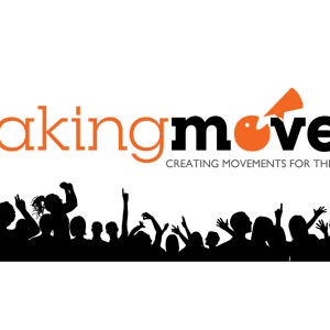 Silhouettes of group cheering with the Making Moves logo