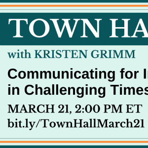 Kristin Grimm wears a black top and smiles in front of the Spitfire Strategies logo and next to the black and teal text, "Town Hall: Communicating for Impact in Challenging Times"