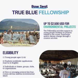 Poster for Bow Seat's True Blue Fellowship, features images of fellows on a beach, in a classroom, and outdoors with others