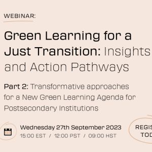Light tan graphic with black text that reads "Green Learning for a Just Transition: Insights and Action Pathways."
