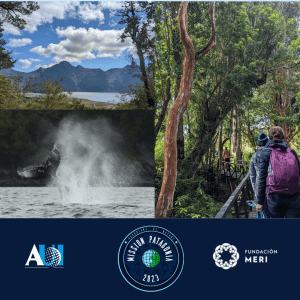 A flyer with three pictures, one of moutains and sky framed by trees, one of a humbpack whale tale emerging from the water, and one of people exploring through a rainforest. The bottom includes logos for AUI, Mission Patagonia 2023, and Fundacion MERI