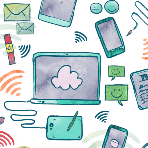 Sketches of a laptop, wifi icons, envelopes, mobiles, scattered against a white background