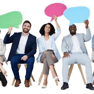 A collection of people holding up different colored speech bubbles against a white background