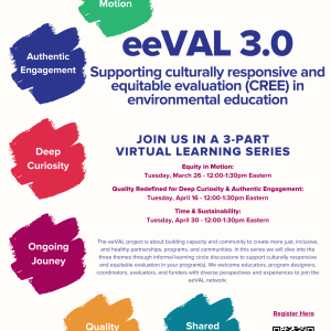 Flier for the eeVAL 3.0 Virtual Learning Session with multiple colors for each category of information