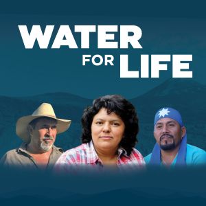 A movie poster with a blue background and text reading "Water For Life"; beneath the text are bust photos of three people and below this reads "Fighting for Survival"