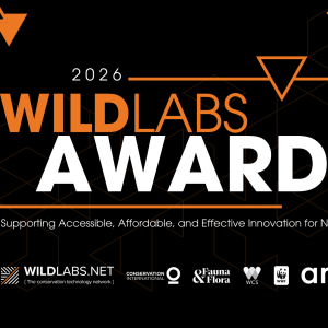 A banner announcing the 2026 WILDLABS Awards in a black background, to the right are images of conservation activities using technology