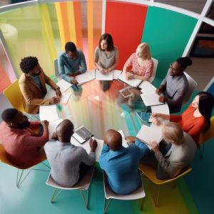 Image of people sitting around a round table in a workshop