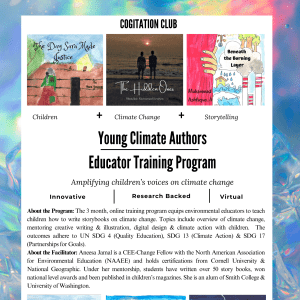The 3 month, online training program equips environmental educators to teach children how to write storybooks on climate change.  The outcomes adhere to UN SDG 4 (Quality Education), SDG 13 (Climate Action) & SDG 17 (Partnerships for Goals). 