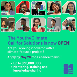A vibrant teal and white graphic announces the "Youth4Climate Call for Solutions is now OPEN!