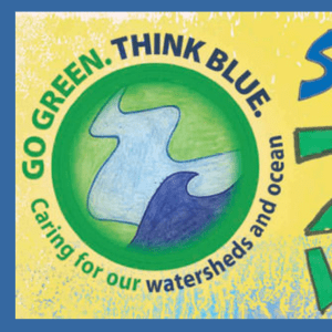 A yellow banner sits in the middle of a blue background; to the left is a green and blue circle logo with text reading "Go Green. Think Blue. Caring for our watersheds and ocean"; text to the right reads "Students for Zero Waste Week"