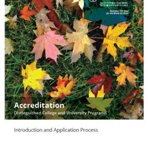 "Accreditation, distinguished college and university programs", white NAAEE logo on dark green and yellow, orange, and red-hued leaves background