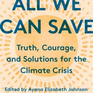 Book cover showing an illustration of a yellow sun with blue text in bold: All We Can Save: Truth, Courage, and Solutions for the Climate Crisis. Edited by Ayana Elizabeth Johnson & Katharine Keeble Wilkinson