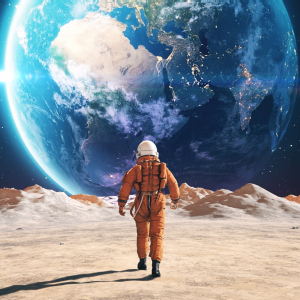 Astronaut on Mars' surface walks toward Earth