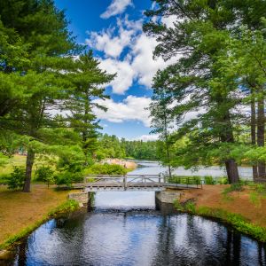 Bear Brook State Park wooden bridge overlooking river within forest