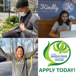 Collage of photos featuring youth and the Gloria Barron Prize for Young Heroes logo.