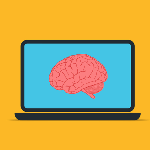 Illustration of a laptop with a brain showing on the screen