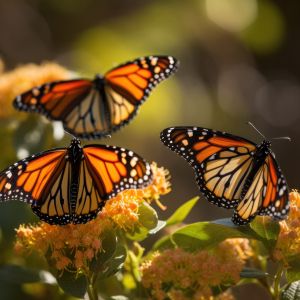 Three monarch butterflies on flower in Summer