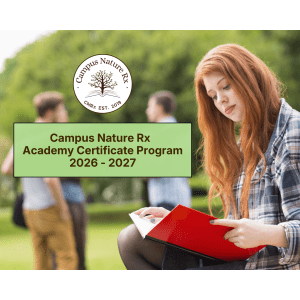 A promotional banner for the Campus Nature Rx (CNRx) Academy Certificate Program 2026–2027. In the foreground, a student with long red hair sits outdoors reading a red notebook, with a green campus landscape and other students blurred in the background. The CNRx logo featuring a tree appears above a green text box, stating "Campus Nature Rx Academy Certificate Program 2026-2027."