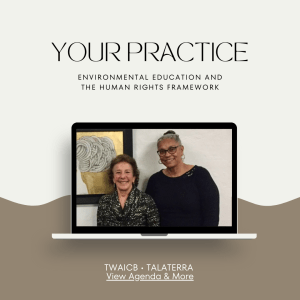 Square image with an open laptop computer in the center. Image of instructors shown on monitor.