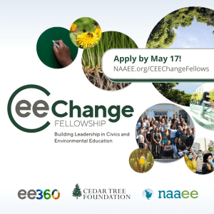 CEE-Change Promotional Graphic. Images of trees and bees and plants. Text reads: CEE-Change. Apply by May 17!