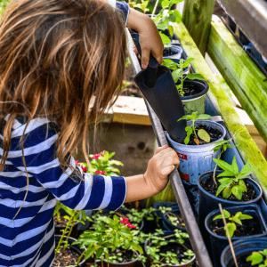 young child tending to small planters in garden