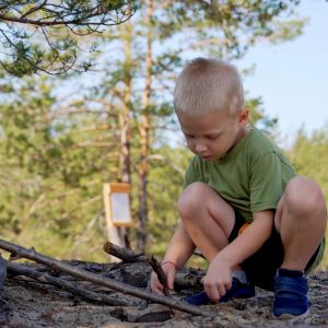 child playing with sticks on fallen tree branch