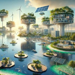 A futuristic utopic city is depicted, with solar panels, wind farms, and clear water.