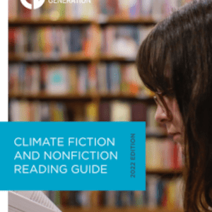 Cover of the Climate Generation reading guide with photo of a woman with glasses reading