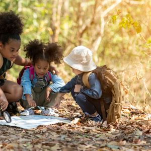 Three kids crouching on a fall-leaf laden forest floor to look at a map.